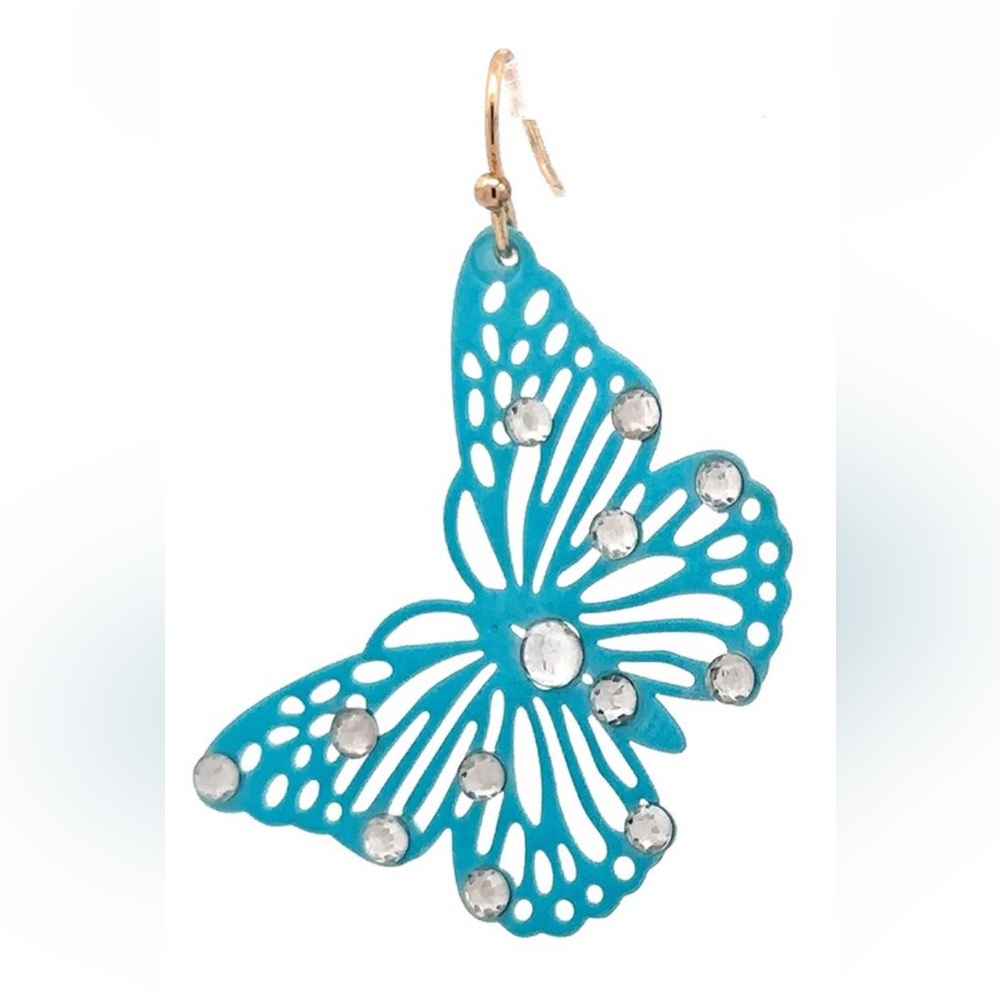 NWT! Teal Rhinestone Metal Lightweight Butterfly Fish Hook Earrings